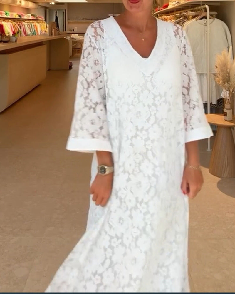 Kleid V-Ausschnitt Hohlspitze Blume locker