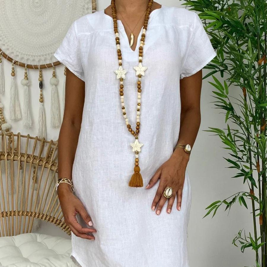 V-Ausschnitt Leinenkleid für Damen