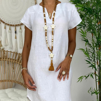 V-Ausschnitt Leinenkleid für Damen