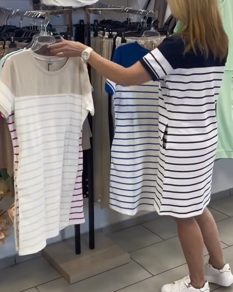 Kleid Rundhals-Ausschnitt Casual Gestreift