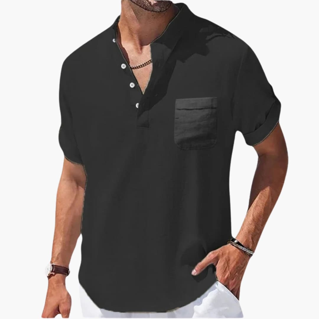 Herren Sommer T-Shirt mit Knopfleiste und Stehkragen
