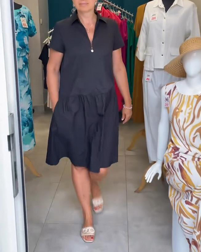 Kleid Revers Halbreißverschluss Uni A-Linie