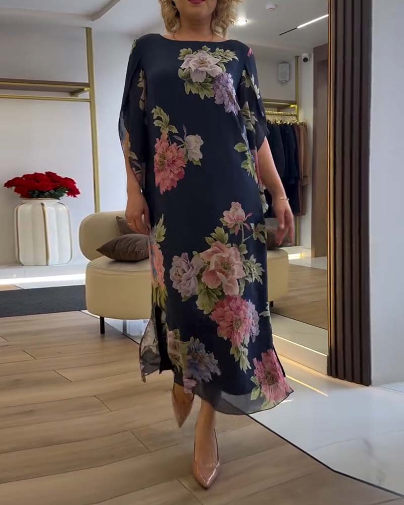 Kleid Rundhals Blumen Schlitz