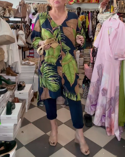 Lockeres Kleid Mit Blattmuster Und V-Ausschnitt