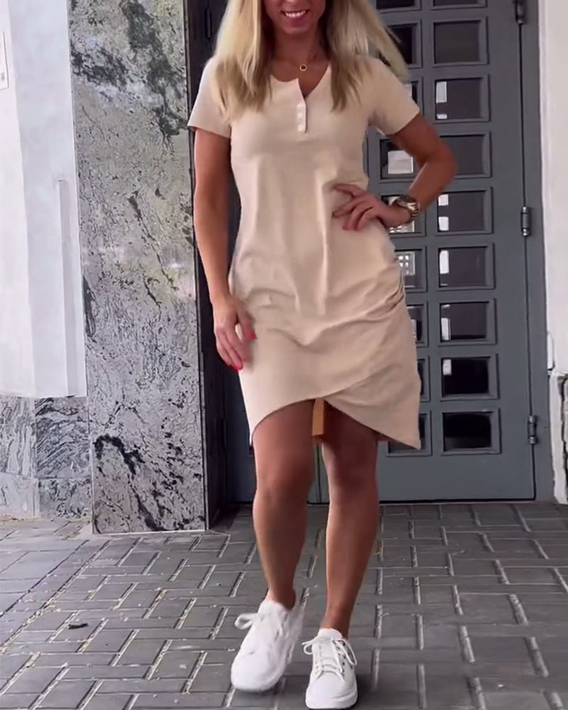 Kleid Unregelmäßig Gekreuzt Kurzarm