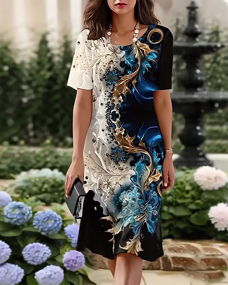 Kleid Rundhals Gedruckt Gerade