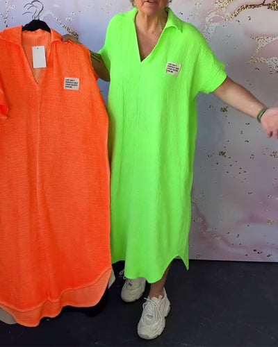 Kleid V-Ausschnitt Gefaltet Einfarbig Lang