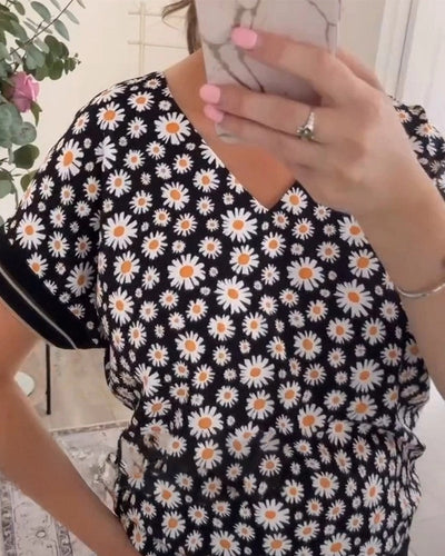 T-Shirt mit V-Ausschnitt und Gänseblümchen-Print