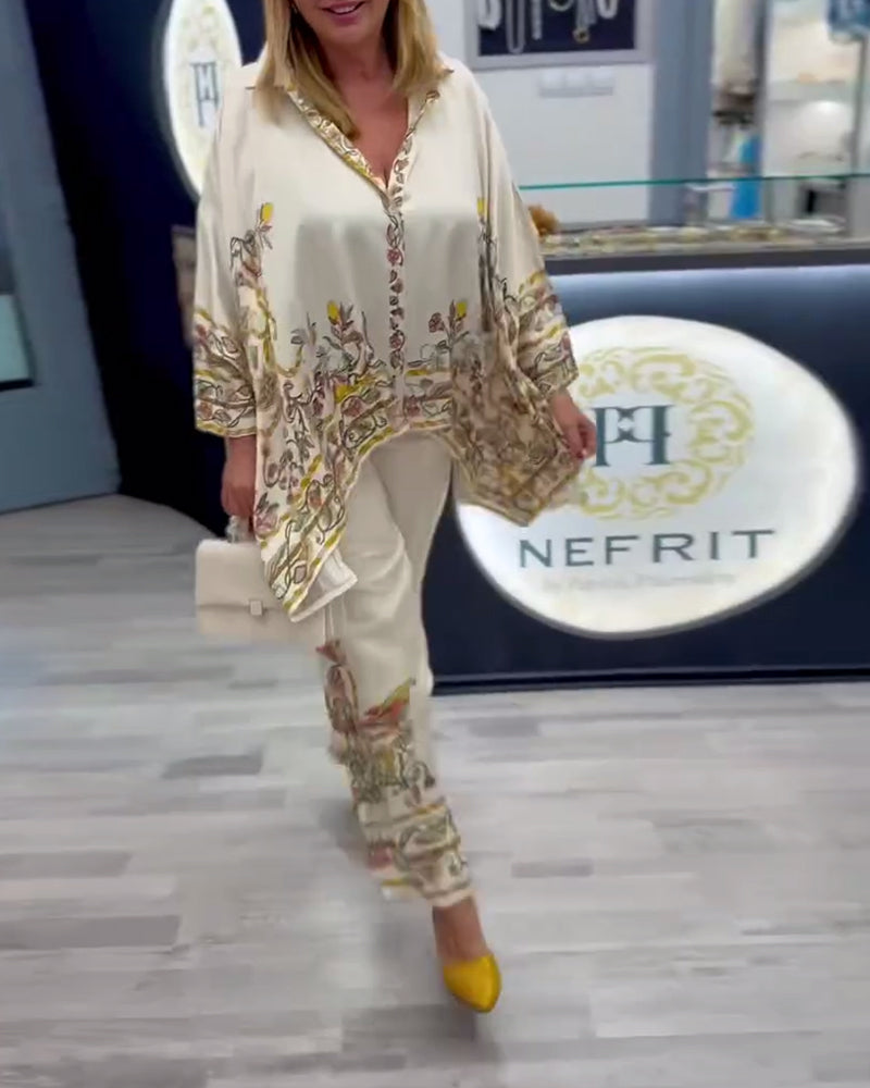 Anzug Modische Fledermausärmel Druck Weites Bein