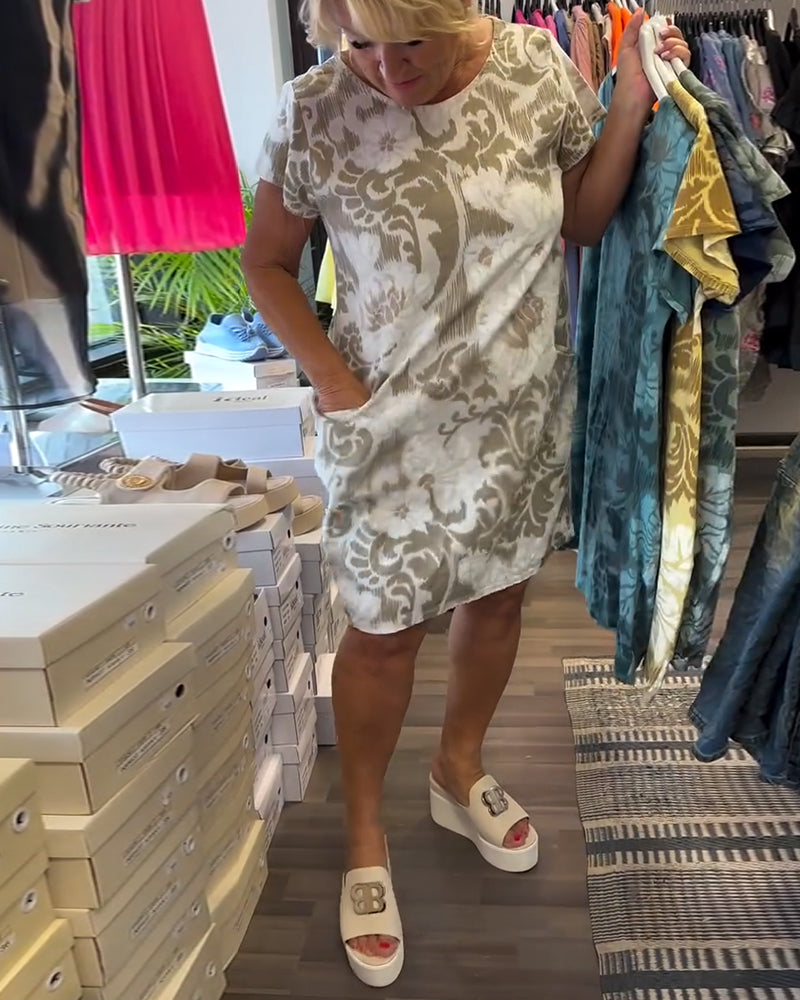 Kleid Rundhalsausschnitt Bedruckt Kurzärmelig Shift