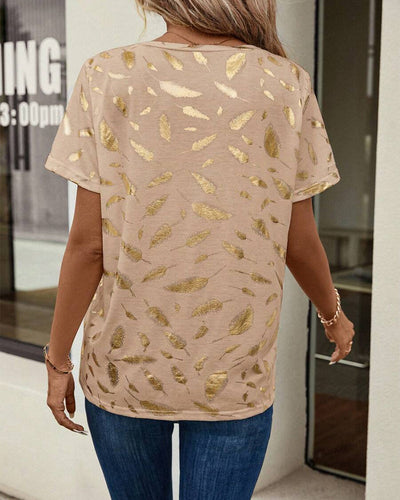 T-Shirt V-Ausschnitt Blattmuster Casual