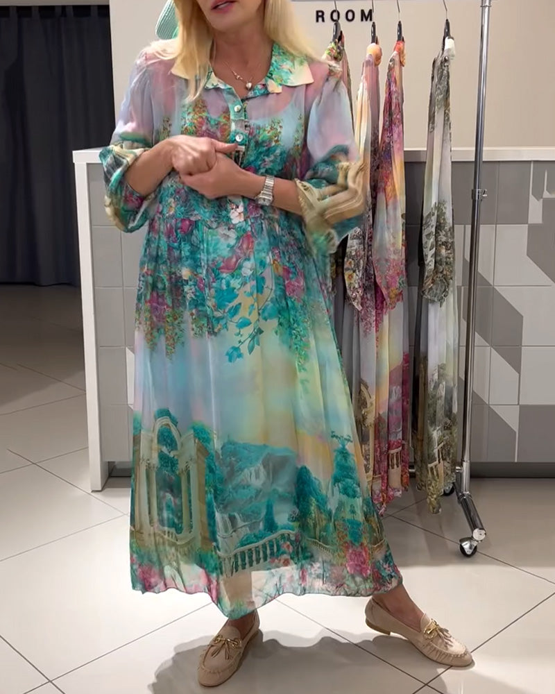 Kleid Laternenärmel Hemdkragen bedruckt lang