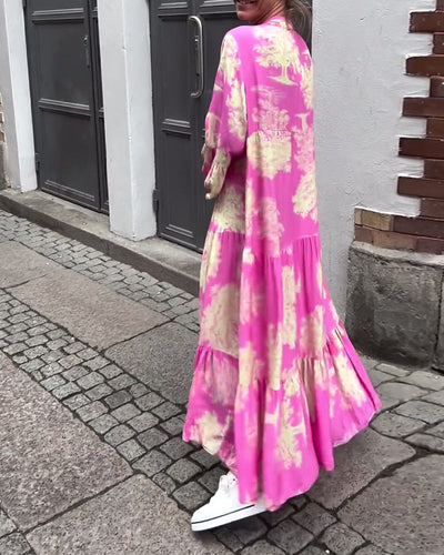 Maxikleid mit Print, Volantärmeln & Stehkragen – Stilvoll & Luftig