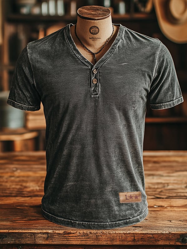 Herren-T-Shirt im Vintage-Stil klassisch Aus Gewaschenem Leder Mit V-Ausschnitt Und Knopfleiste Kurze Ärmel