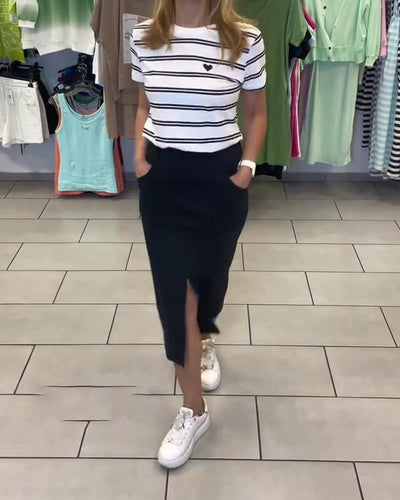 Set Runder Ausschnitt Gestreifter Schlitzrock