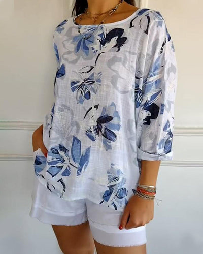 Bluse Rundhals Langarm Druck