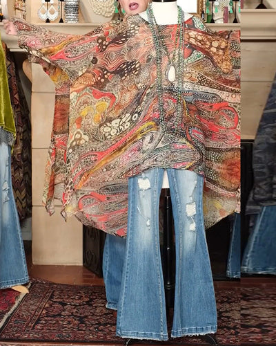 Bluse Locker Fledermausärmel Print