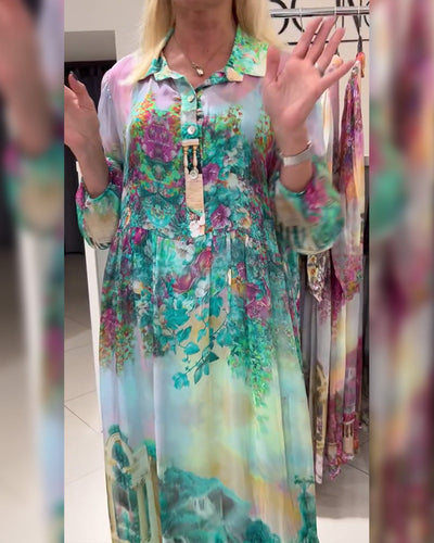 Kleid Laternenärmel Hemdkragen bedruckt lang