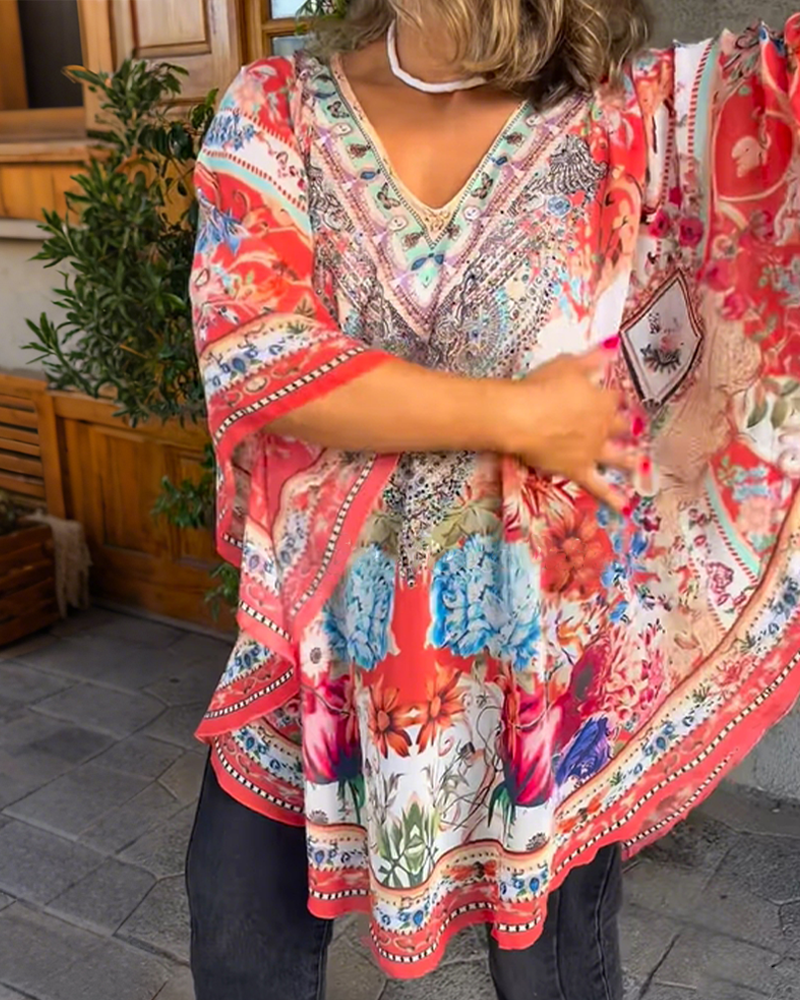 Bluse Fashion V-Ausschnitt geblümt