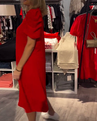 Kleid Puffärmel V-Ausschnitt Temperamentvoll