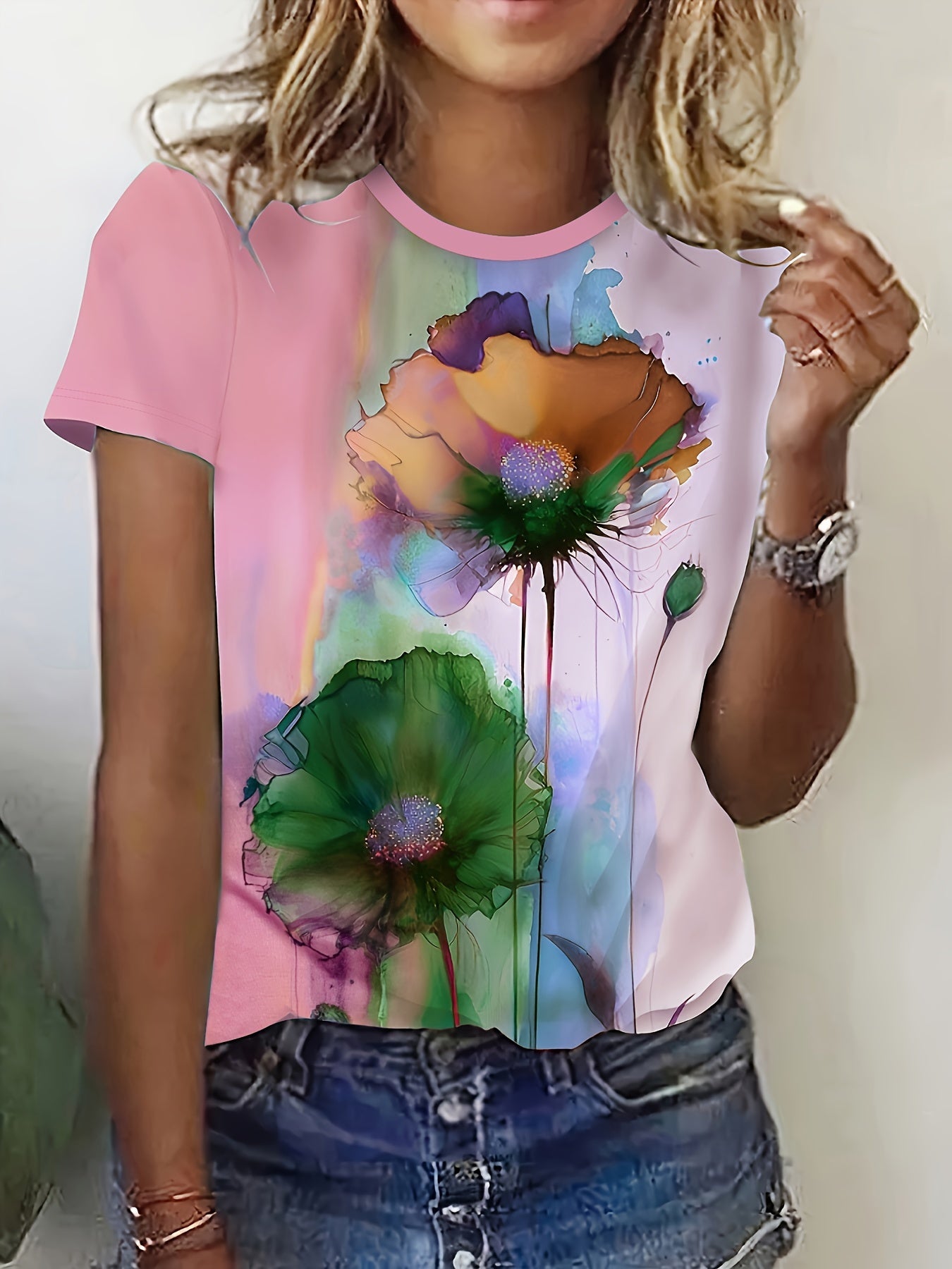 Heidi-Mode | Blumenprint Farbblock T-Shirt mit Kurzarm