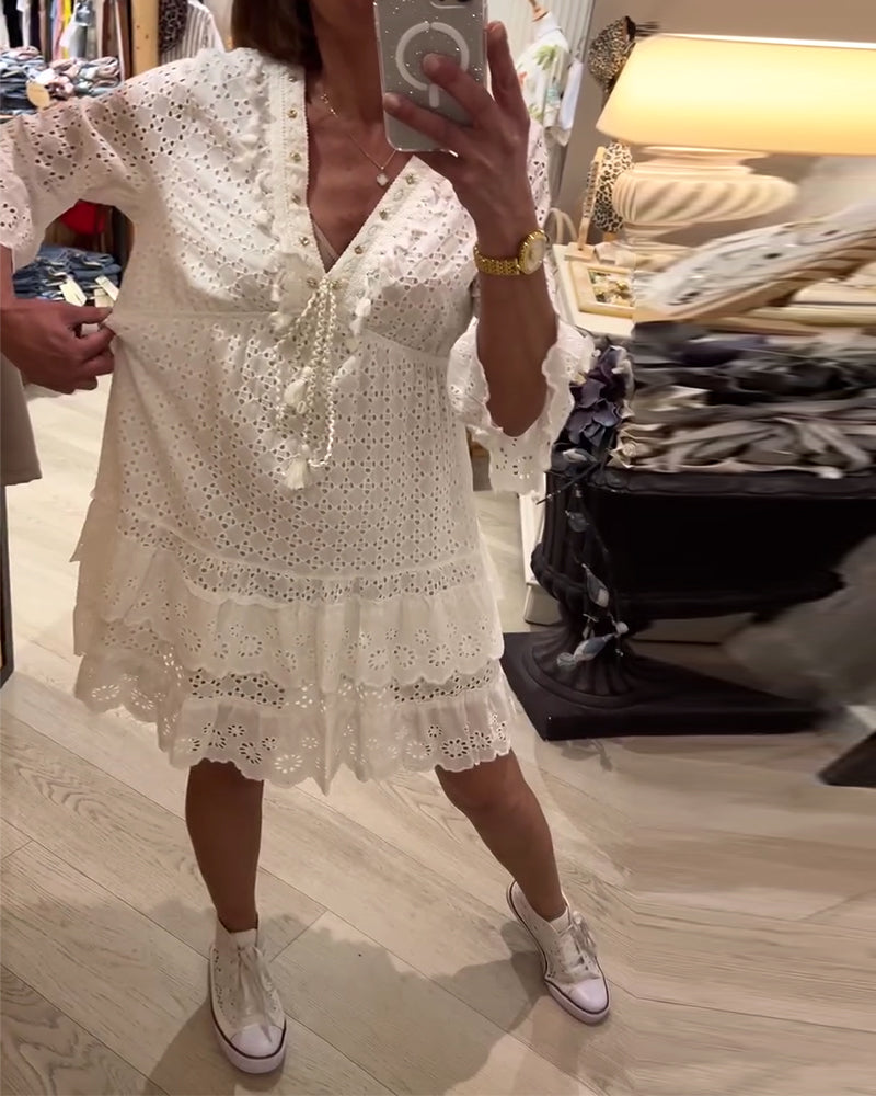 Kleid Trompetenärmel Spitze Hohles Design Schleife