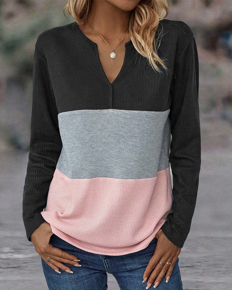 V-Ausschnitt Pullover mit Farbblockmuster für Frauen