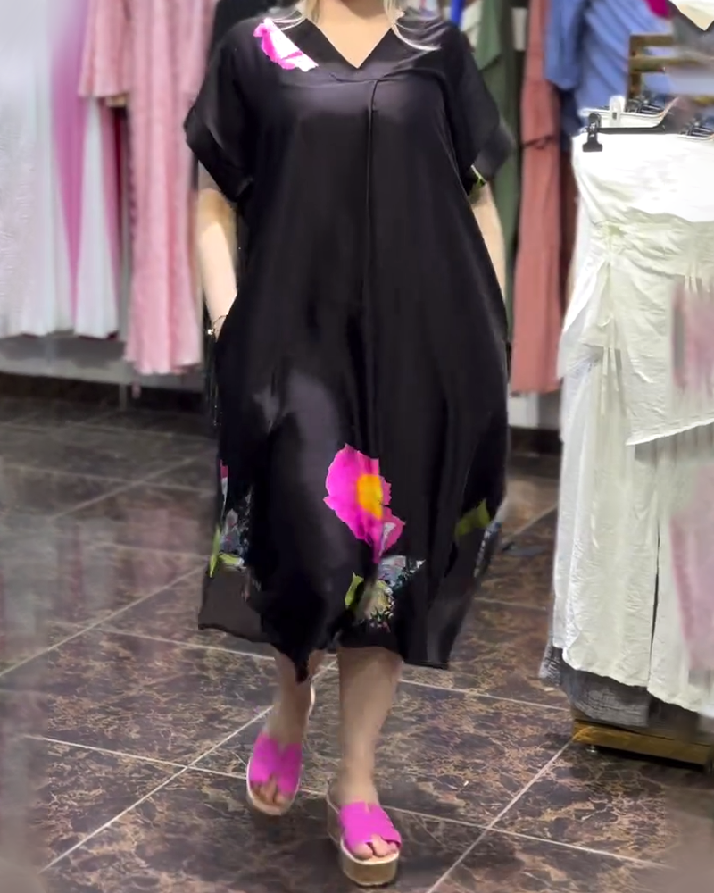 Kleid Mode V-Ausschnitt Weit Gedruckt