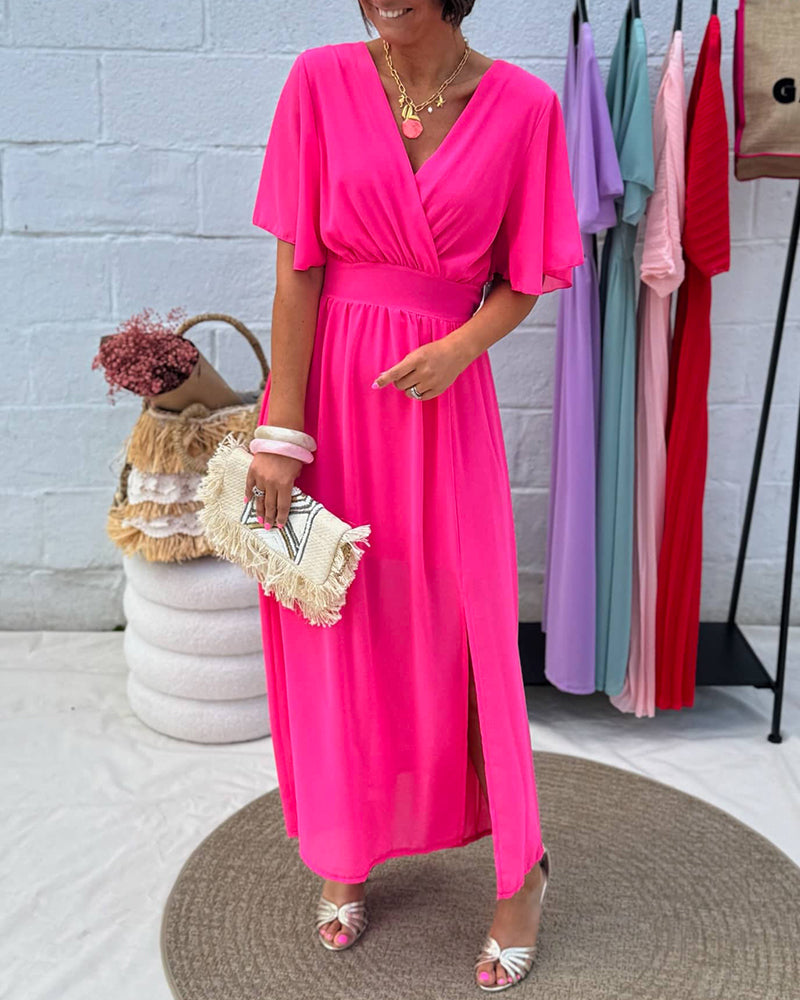 Kleid Einfarbig V-Ausschnitt Taille Chiffon