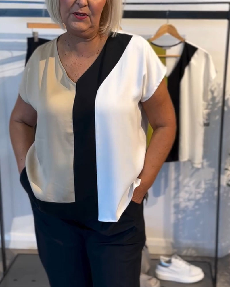 T-Shirt V-Ausschnitt Kontrastfarbe Mode