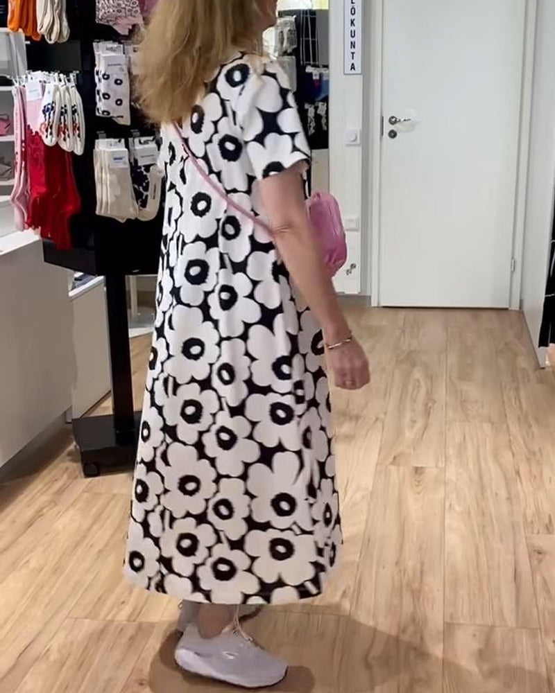 Kleid Kurzärmlig Blumenprint Maxi