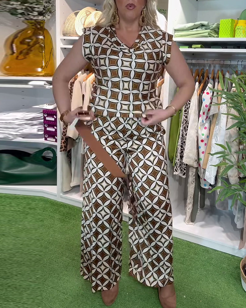 Anzug Modisch Rundhals Bedruckte Weitbein-Hose