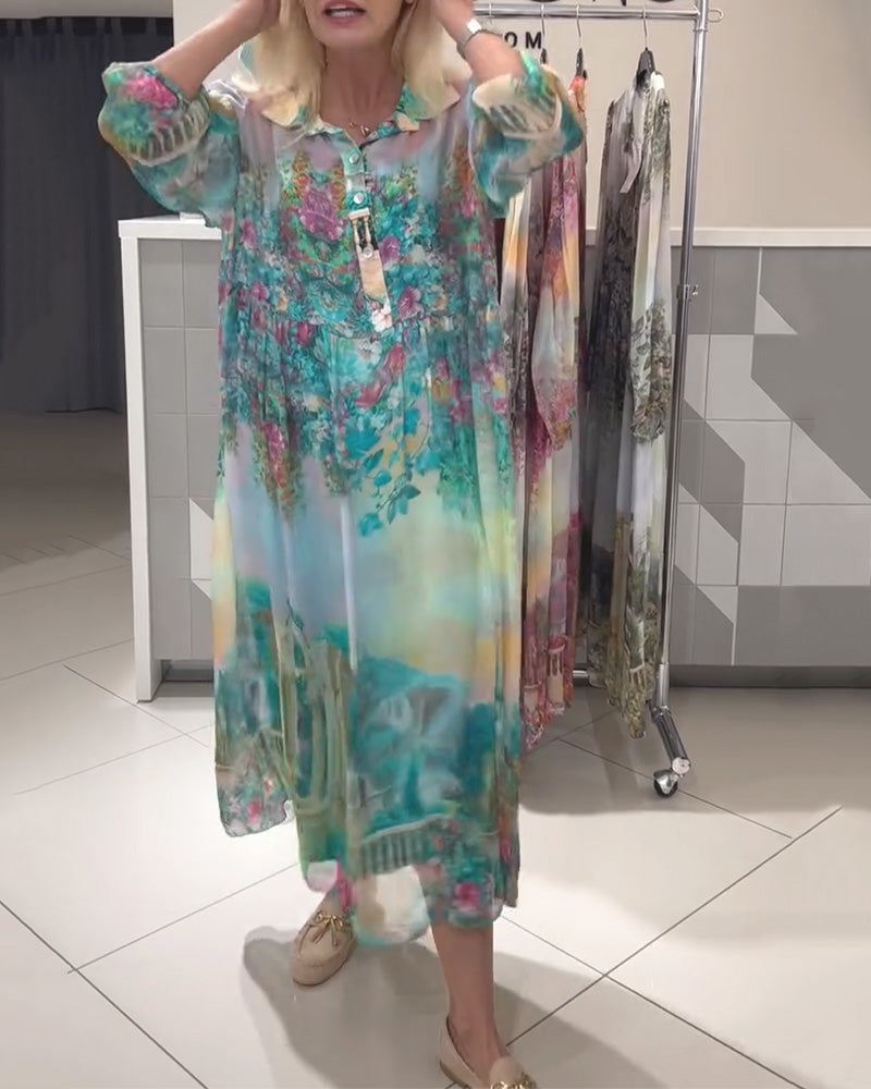 Kleid Laternenärmel Hemdkragen bedruckt lang