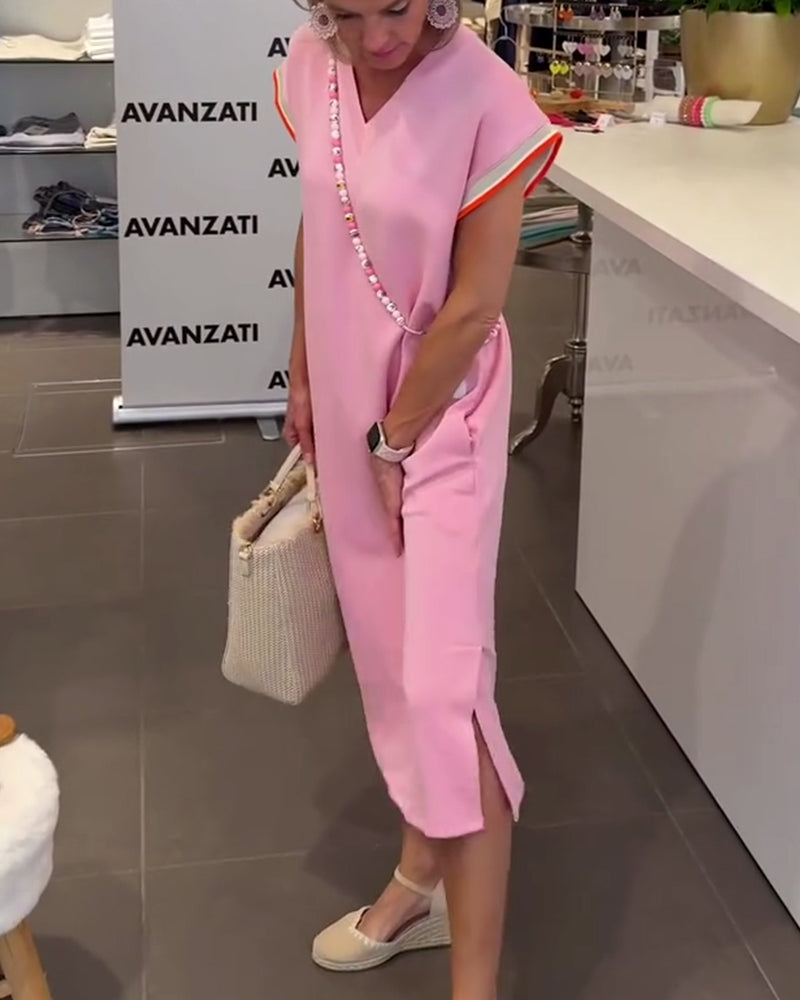 Kleid Lotusblatt-Ärmel V-Ausschnitt Lässiger Schlitz