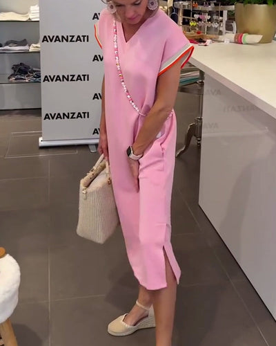 Kleid Lotusblatt-Ärmel V-Ausschnitt Lässiger Schlitz