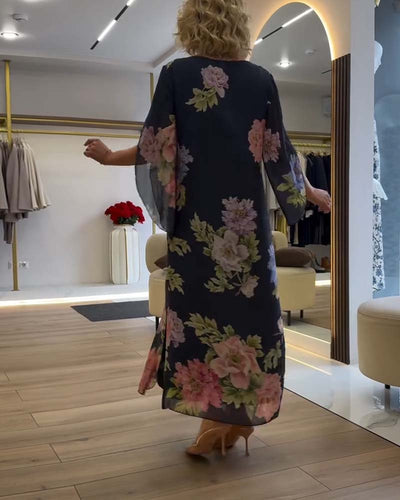 Kleid Rundhals Blumen Schlitz