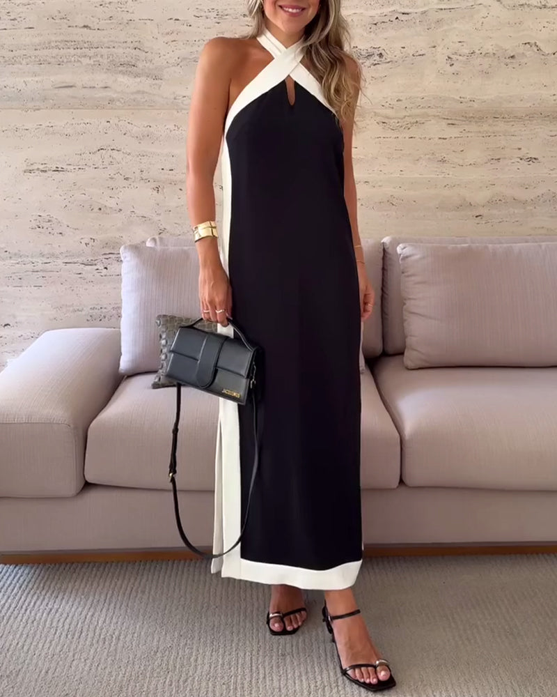 Kleid Temperament Trägerneck Kontrastfarbe