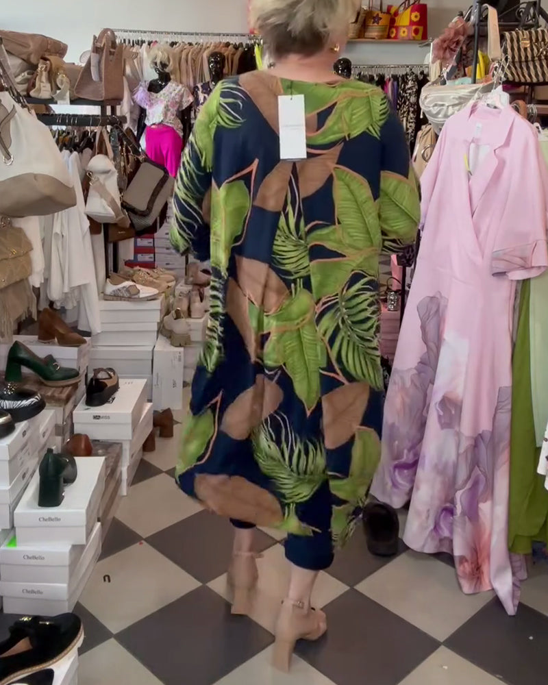 Lockeres Kleid Mit Blattmuster Und V-Ausschnitt