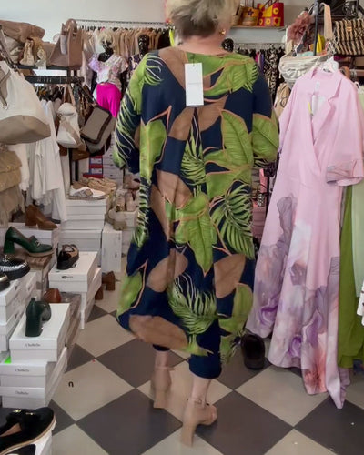 Lockeres Kleid Mit Blattmuster Und V-Ausschnitt