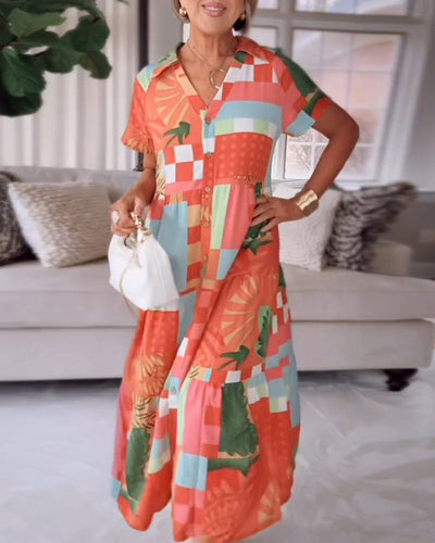 Kleid V-Ausschnitt Kurzärmelig Bedruckt Lässig