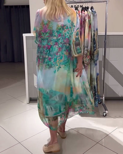 Kleid Laternenärmel Hemdkragen bedruckt lang