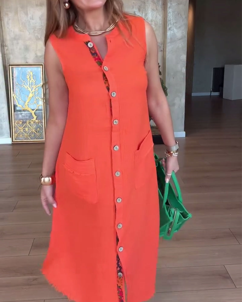 Kleid Knopfbesetzt Plissiert Ärmellos