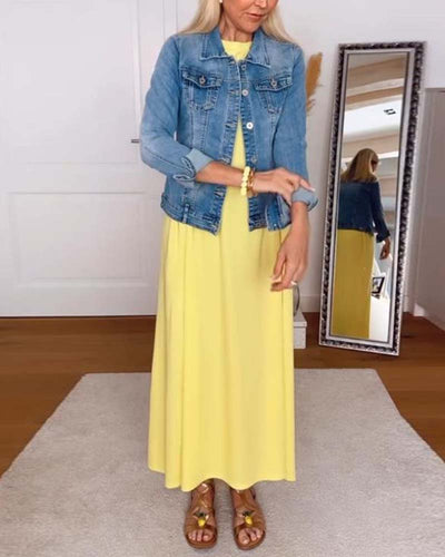 Kleid Casual Rundhals Uni-Farben Gerade