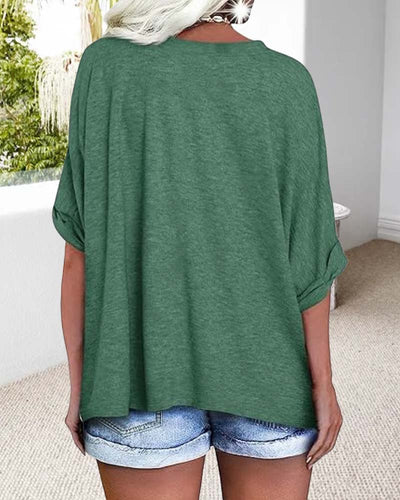 T-Shirt V-Ausschnitt Gerollter Saum Kurzärmlig Weit