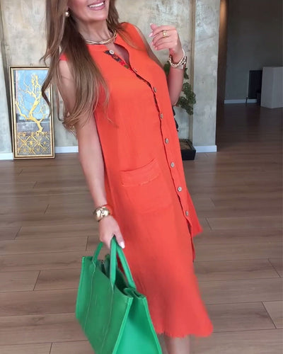 Kleid Knopfbesetzt Plissiert Ärmellos