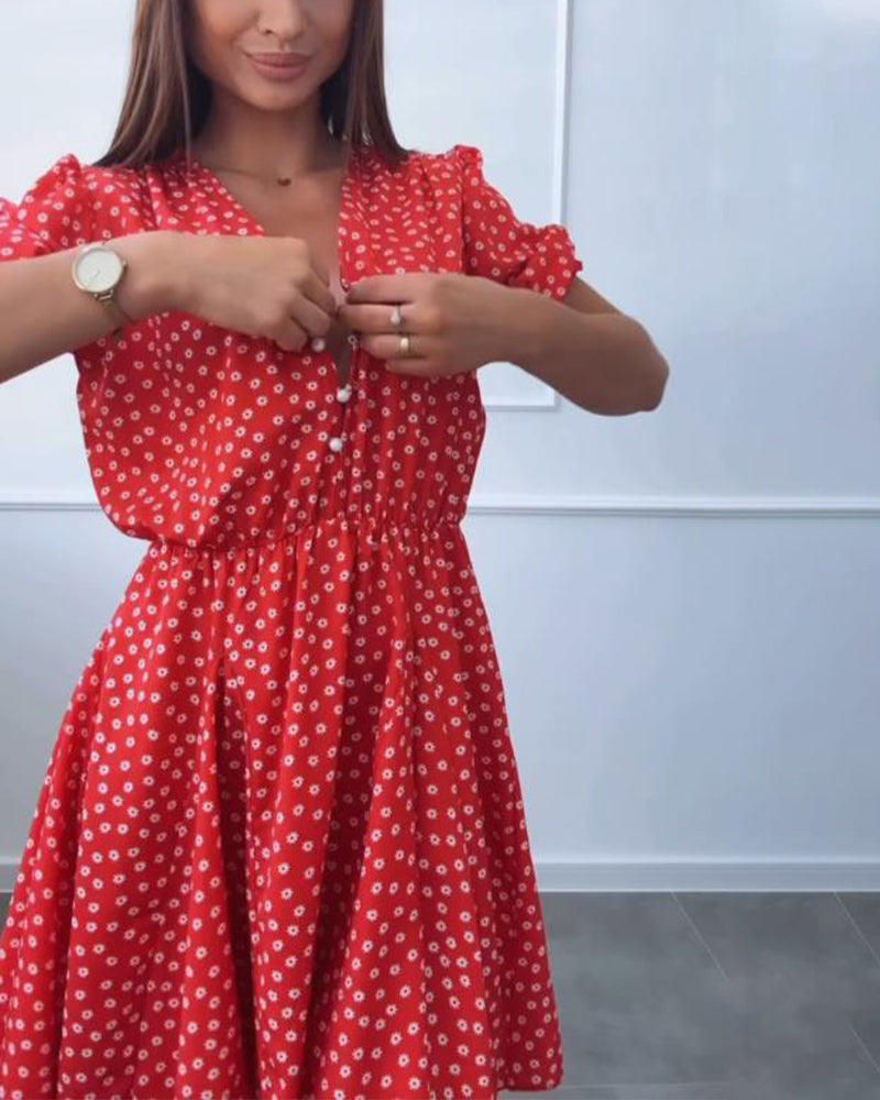 Kleid Punktmuster Druck Knopf V-Ausschnitt