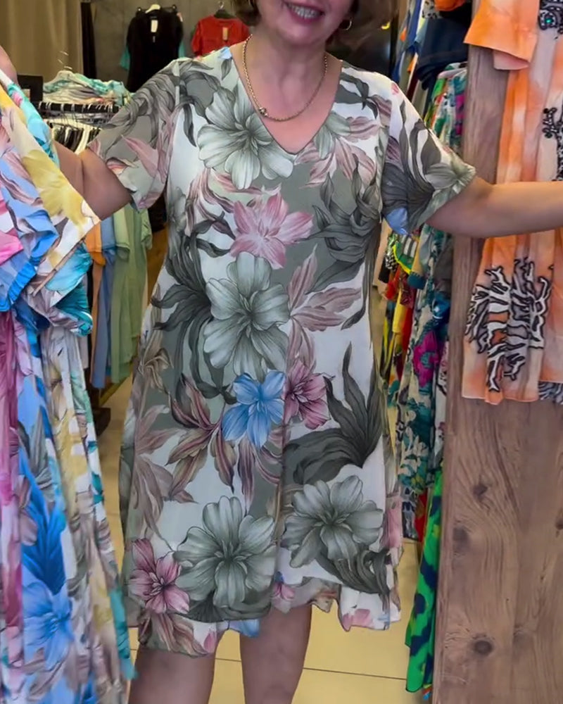 Kleid V-Ausschnitt Blumen Kurzärmlig Druck