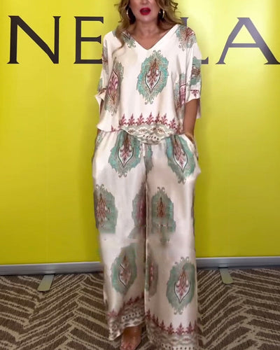 Set Temperamentvoll V-Ausschnitt Cashew-Blume Weitbein