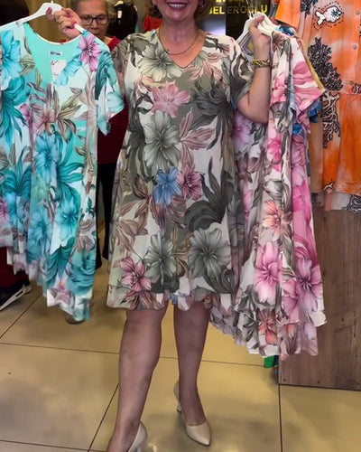 Kleid V-Ausschnitt Blumen Kurzärmlig Druck