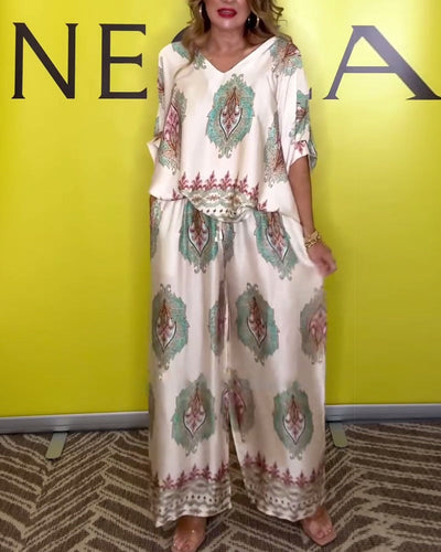 Set Temperamentvoll V-Ausschnitt Cashew-Blume Weitbein